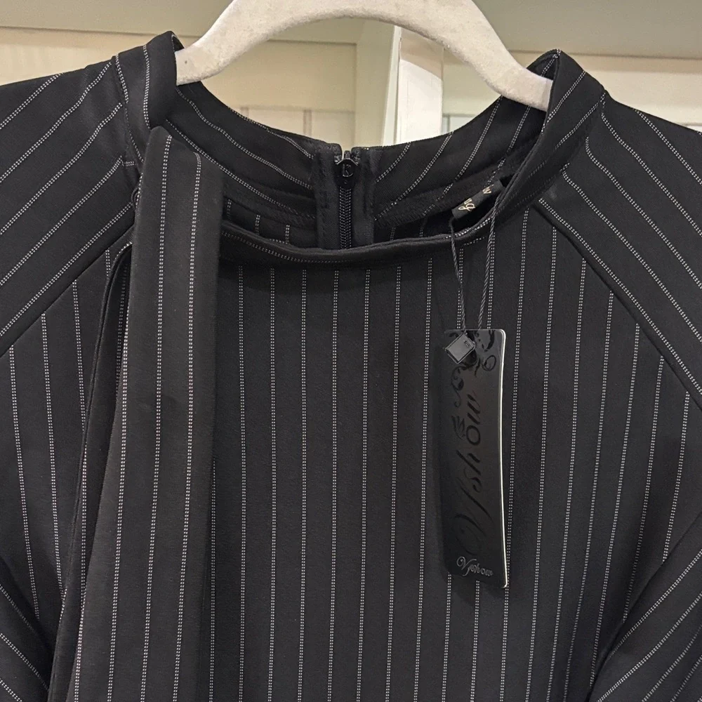 NWT Black White Pinstripe Fitted Stretchy Dress XXL Cocktail Formal /Office Work - Picture 4 of 13